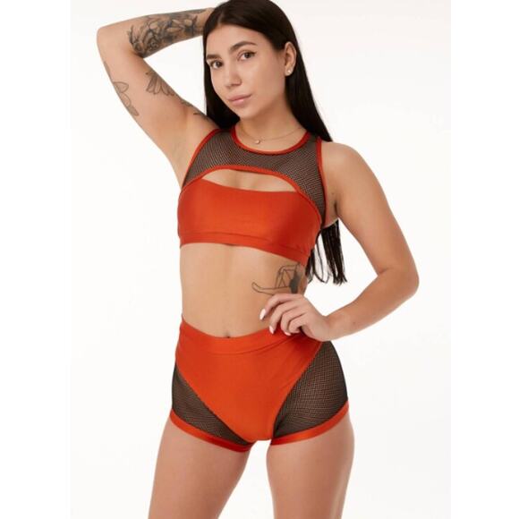Polerina sheer illusion set orange black fishnet mesh small top medium bottoms - Picture 1 of 9
